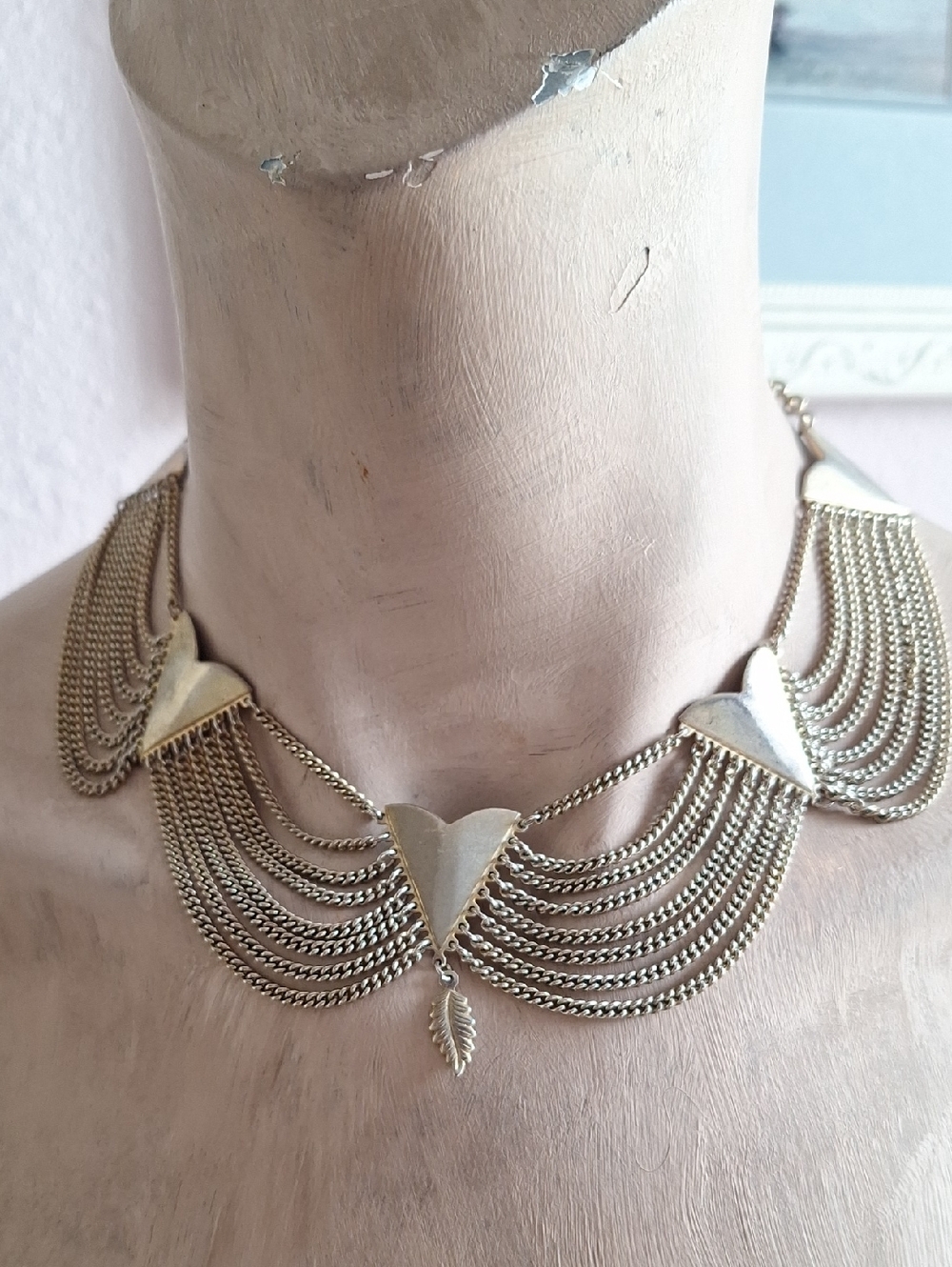 Unique Vintage  Layered Chain Bib Necklace with Chevron Panels